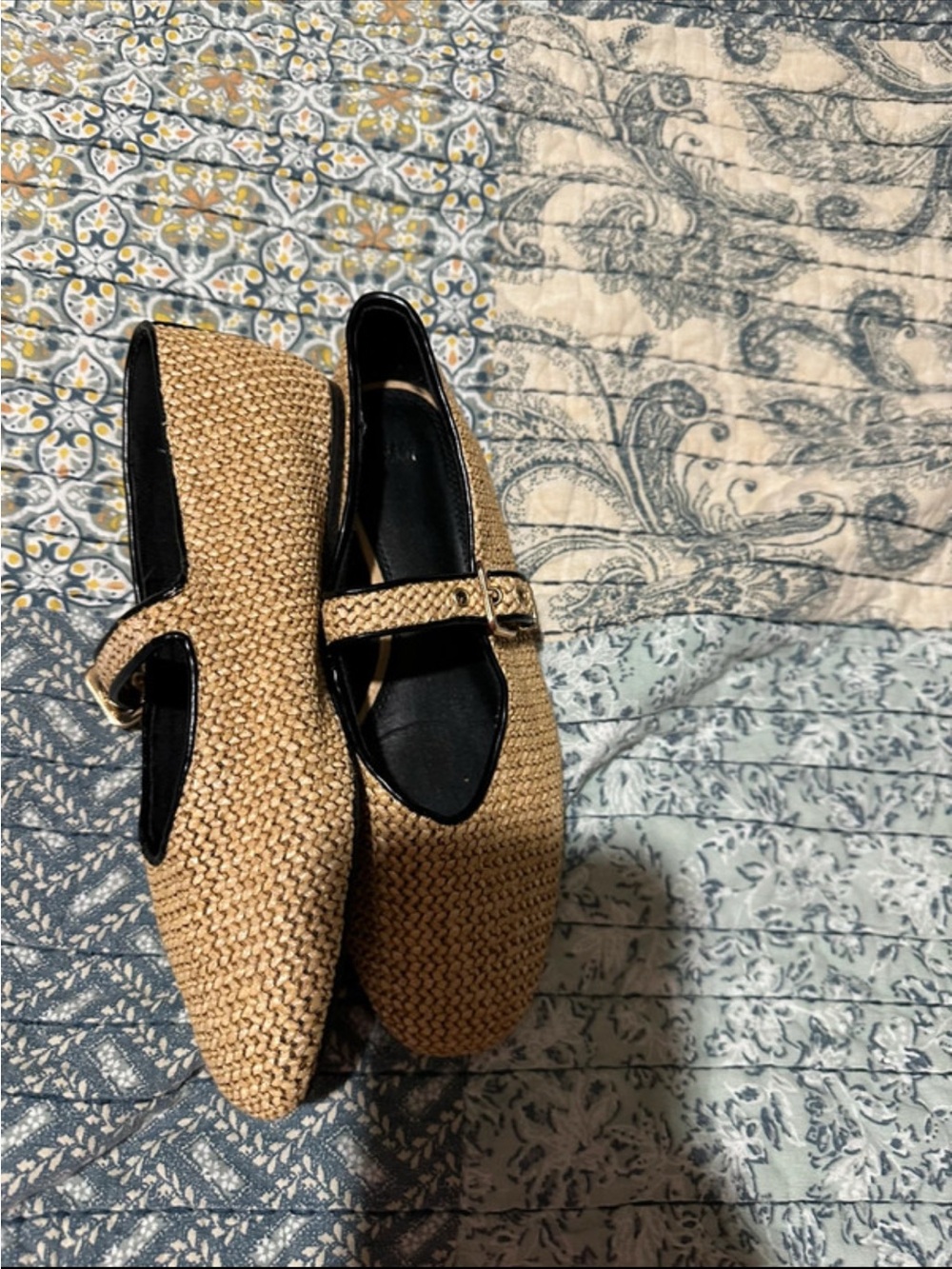 H&M Natural Straw-Weave Mary Jane Flats with Black Trim